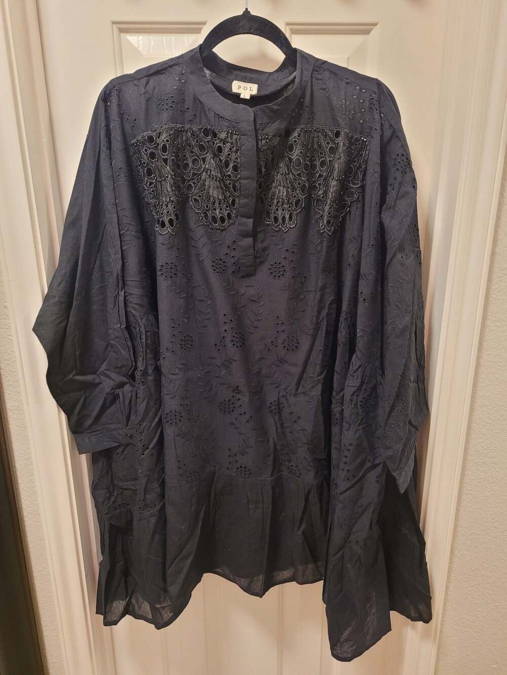POL Clothing Black Embroidered Eyelet Tunic Blouse